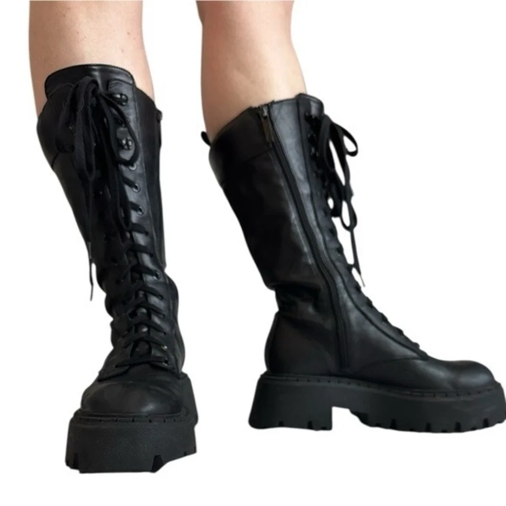ZARA Black Vegan Leather Lace-Up Chunky Platform Combat Boots Size 8 EU 39